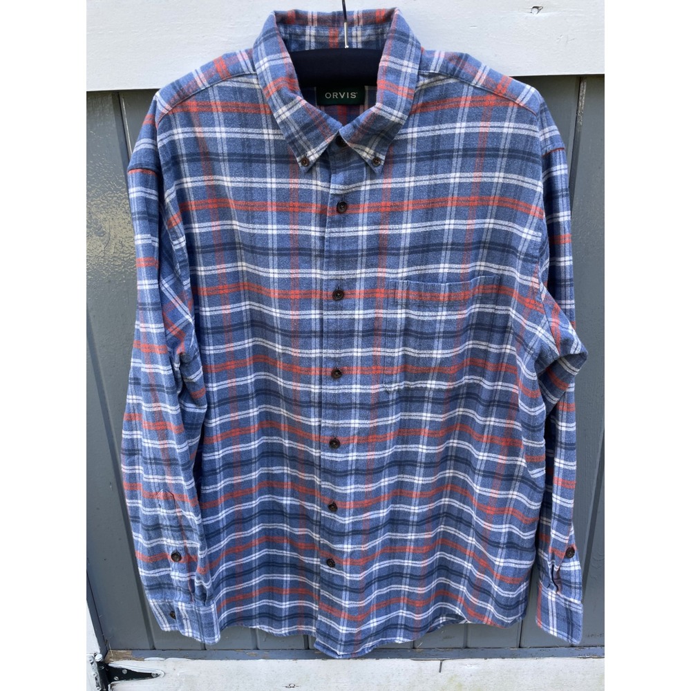 Orvis Mens Blue Orange Plaid Flannel Button Down Shirt Long Sleeve Large